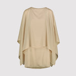 Beige satin dress with a capre on a light gray background