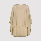 Beige satin dress with a capre on a light gray background