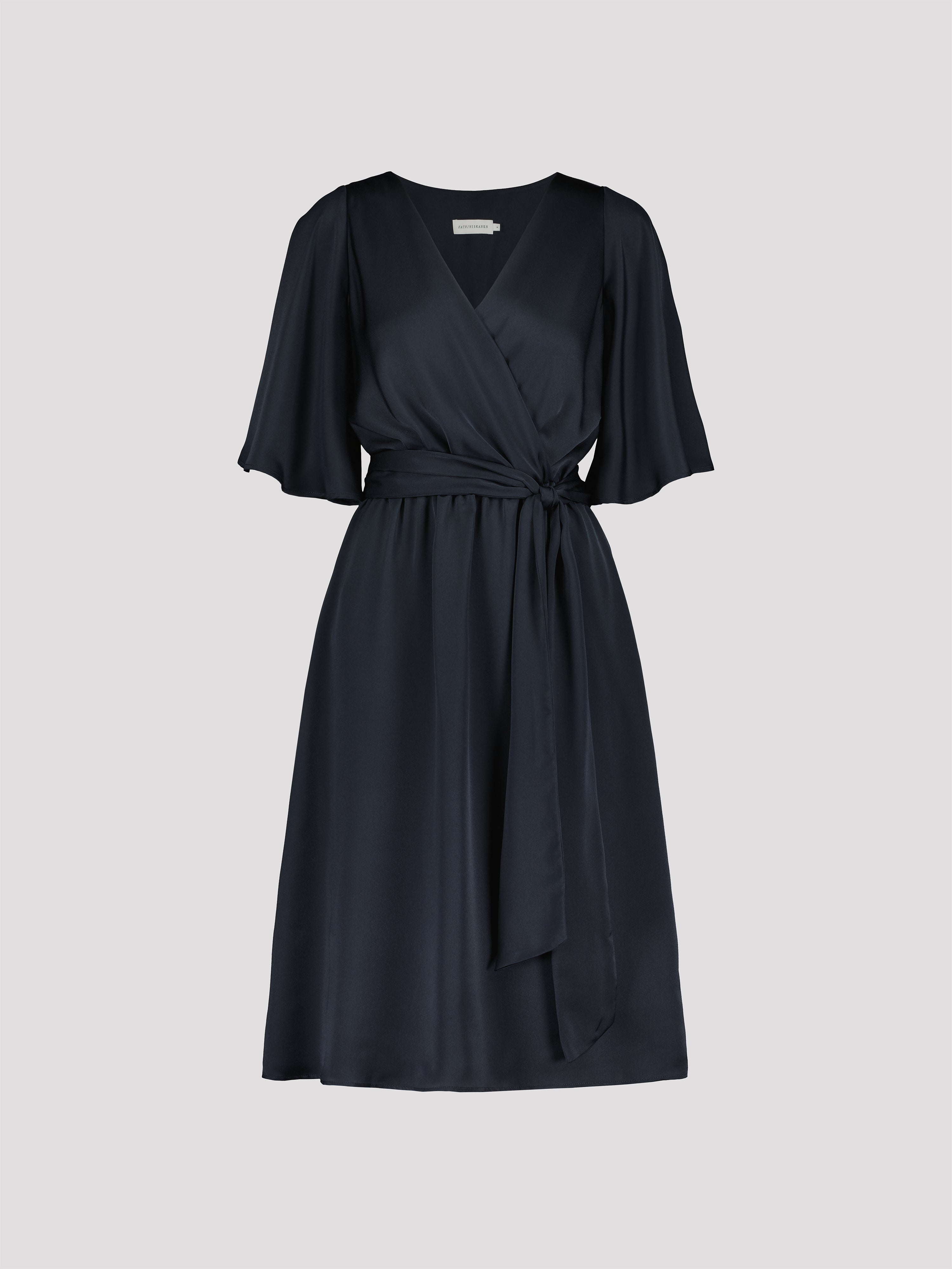 Navy blue dress with a belt on a light gray background