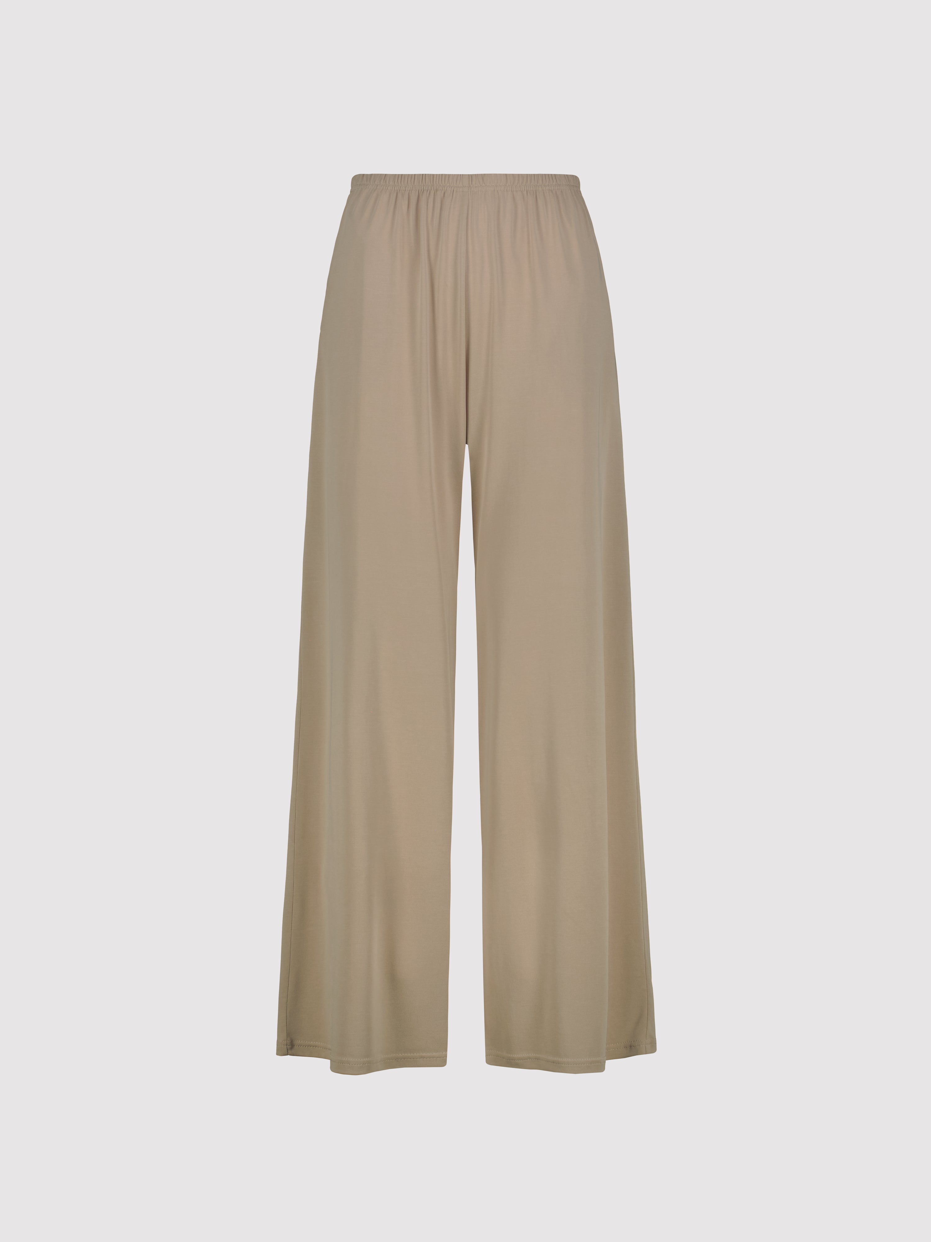 Beige wide-leg pants on a light gray background